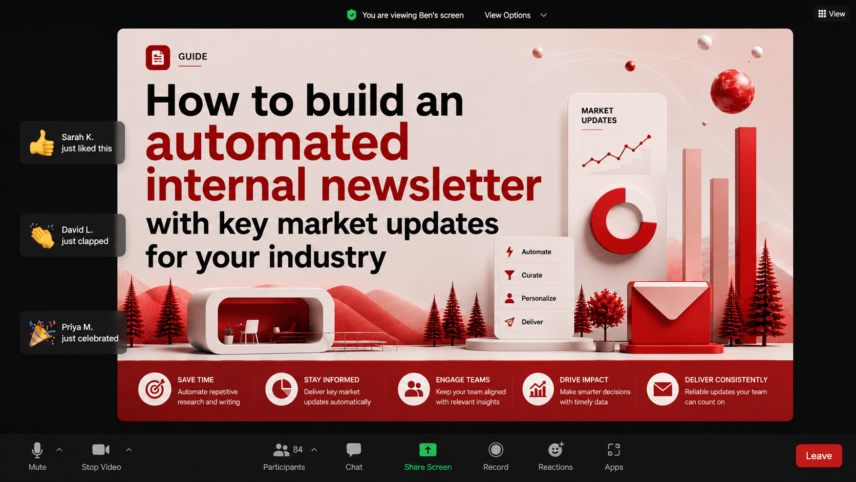 A live screen-share walkthrough of an AI workflow — building an automated internal newsletter with key market updates